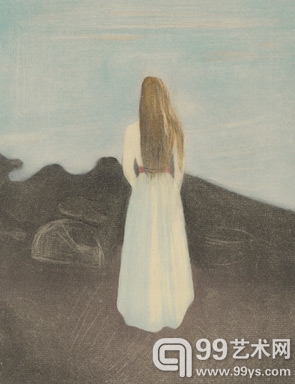 爱德华·蒙克的一幅罕见的重要彩色凹版蚀刻画，《海滩上的年轻女子》（YoungWomanontheBeach，1896年，估价：50万-70万英镑）