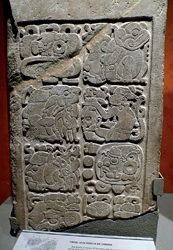 这是从玛雅遗址恰帕斯出土的一个门楣，讲的是玛雅王朝的一个故事，文字就像一幅幅精美的图画