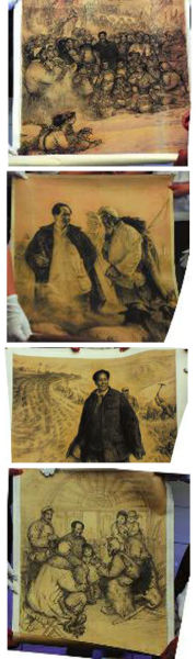警方展示的《同欢共乐》、《毛主席和牧羊人》、《毛主席在大生产中》、《拉家常》四幅作品（局部）