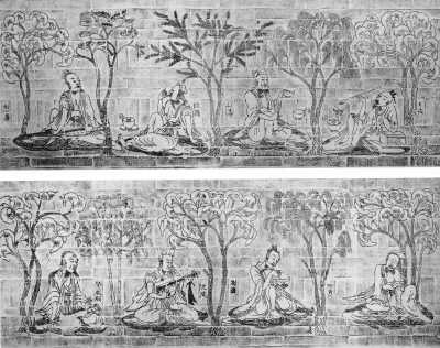 “竹林七贤与荣启期”模印砖画，六朝，砖，两组，每组描绘四人，每组长2.4米、高0.88米，南京博物院藏。图为整体拓片。