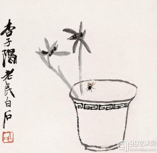 齐白石 花卉草虫之兰草蜜蜂图 1954年作