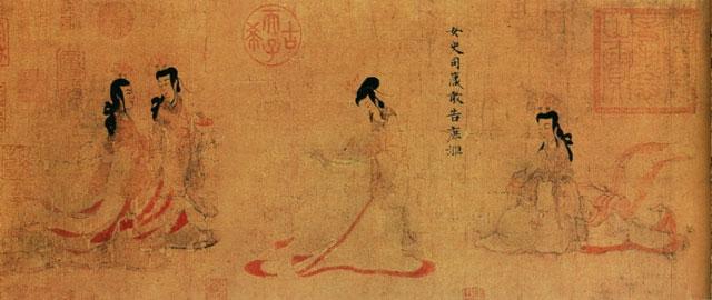 《女史箴图》局部 画中一女史端立，执笔而书，插题箴文是“女史司箴，敢告庶姬”。宫廷女官在劝导嫔妃们慎言善行，普天下女子也可以此为鉴。