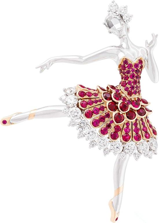 梵克雅宝（Van Cleef&Arpels） Ballerina芭蕾舞别针 镶嵌有白金、圆形钻石、粉金和圆形切割红宝石。