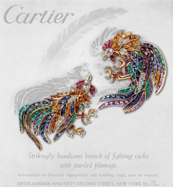 卡地亚（Cartier）胸针,造型是两只战斗中的小公鸡。 制造年代约为1945 年，来自：Wartski。