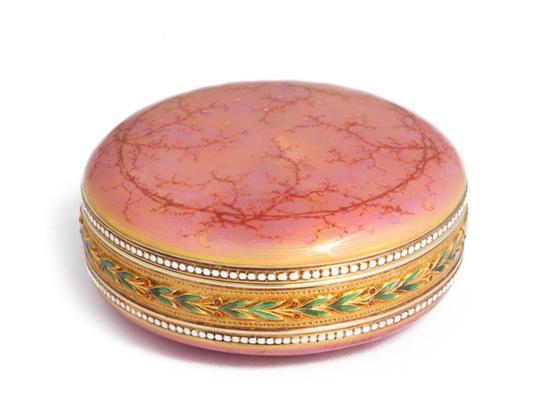 Fabergé 粉色格子盒 采用了圆形粉红、格子细工搪瓷工艺，在镀金的盒子里还运用了绿色和红色两种颜色的搪瓷。这件作品的出自Fabergé的 Michael Perchin大师之手，制作日期大约在1899年，原本是属于玛丽皇后，她是亚历山大二世的孙女。