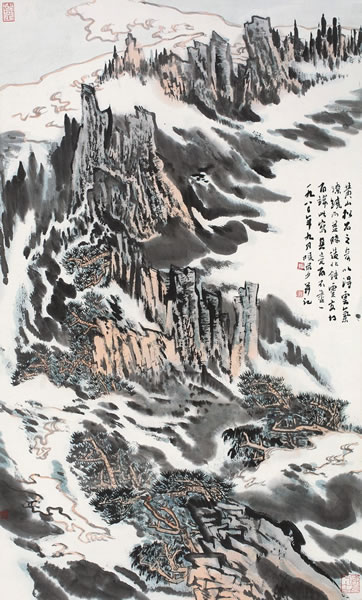 陆俨少 黄山松石 立轴 设色纸本 1980年作 96 × 57.5 cm RMB: 2,500,000-3,500,000 