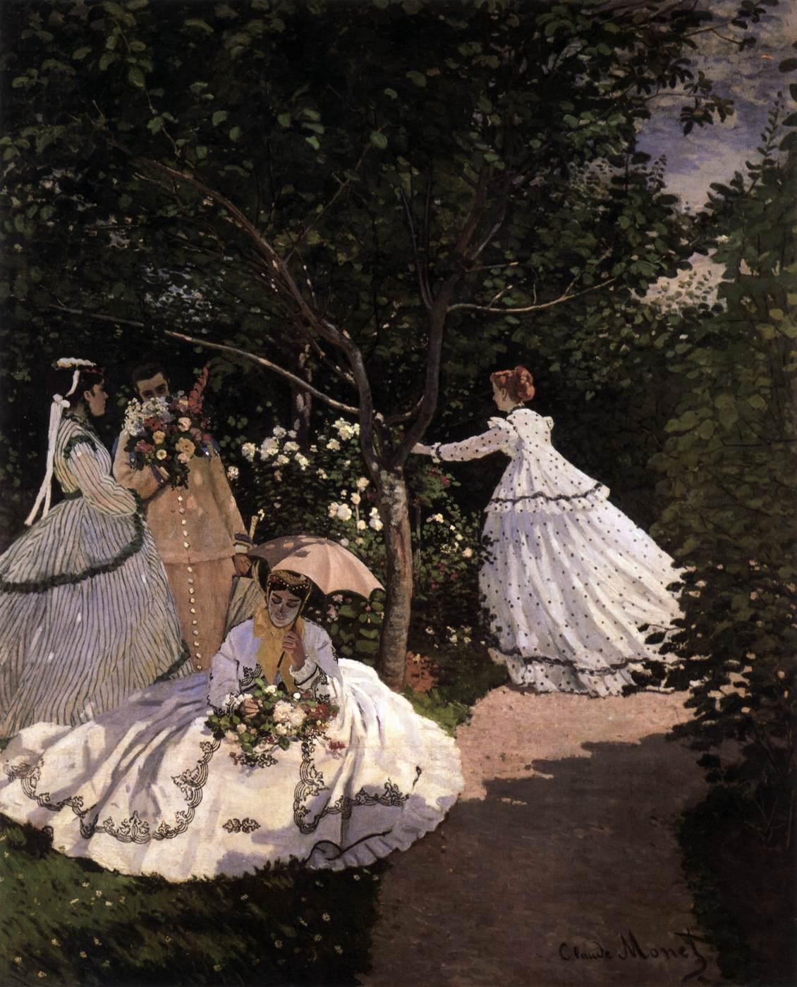 印象派画家莫奈花园题材的油画作品高清大图《花园的女人们》