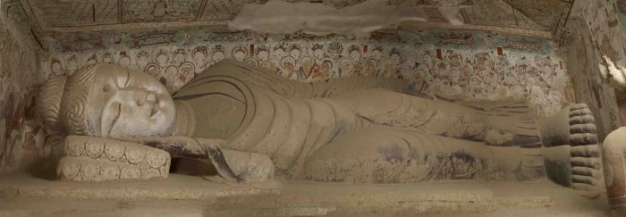 涅般佛像 莫高窟第158窟 西壁佛台 Nirvana statue of Buddha Buddhist platform against the west wall in cave 158 at Mogao Grottoes