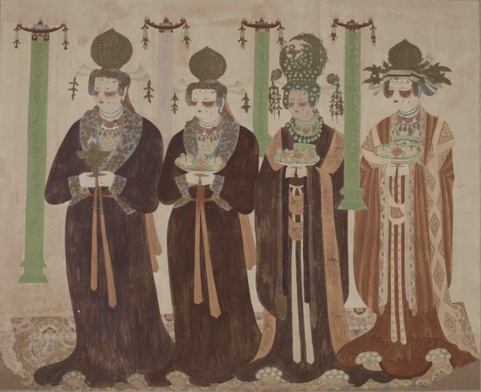 95第61窟女供养人像 Portrait of Female Donors, Mogao Cave 61, Five Dynasties, Copied by Wan Gengyu and Feng Zhongnian, courtesy Dunhuang Academy