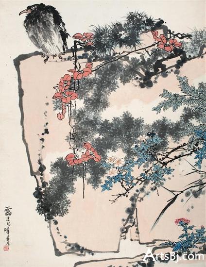 潘天寿作品《鹰石山花图》