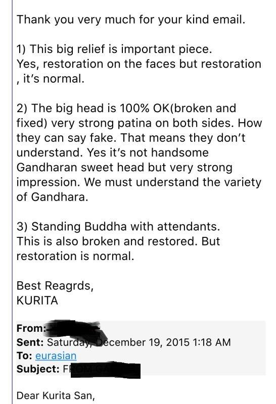 在国际上享有盛誉的犍陀罗古董商栗田功先生对售给南京大报恩寺的这三件真伪存争议的犍陀罗像的解释