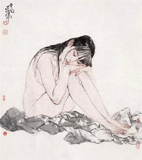 期間限定F25508 中国美術 何家英 作「裸婦画」美人画 女性画 掛軸 紙本 工芸 彩色 天津 中国名家 中国現代アート 掛軸