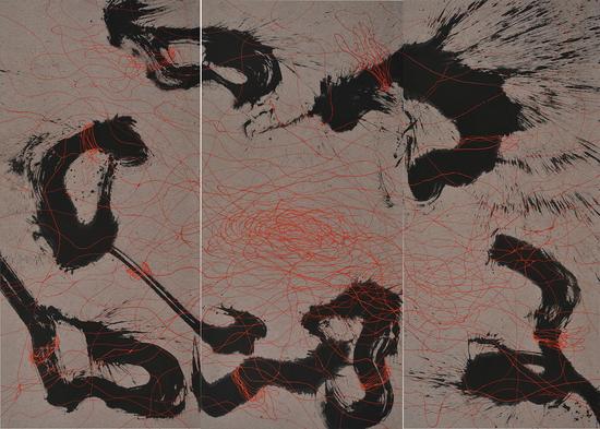 　　欲望风景系列5141 Desire Scenery NO5141墨丙烯、亚麻纸Ink and Acrylic on Linen paper2014   330x160cmx3张