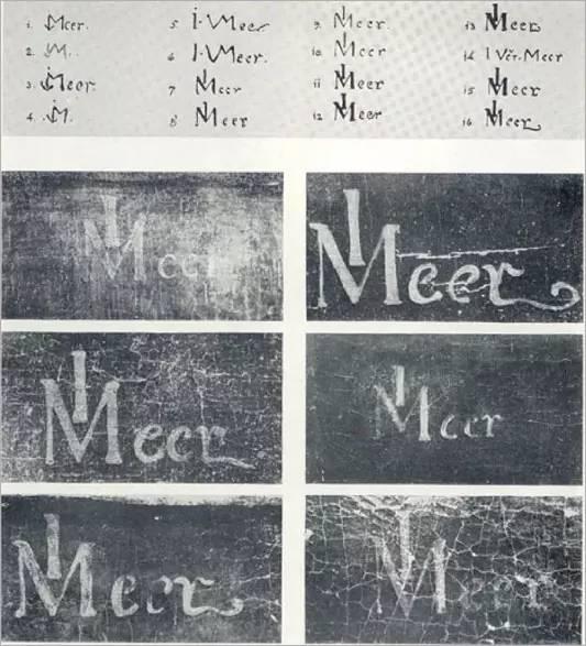 上方是维米尔真迹上的签名,下面6个签名是汉·凡·米格伦伪造的 