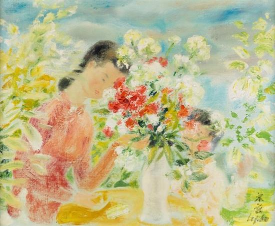 Lot65：LE PHO（越南籍画家，1907-2001）  　　春之花束，油画，尺寸38.5 x 46.5 cm  　　2009年10月6日曾上拍纽约苏富比，拍品编号：127