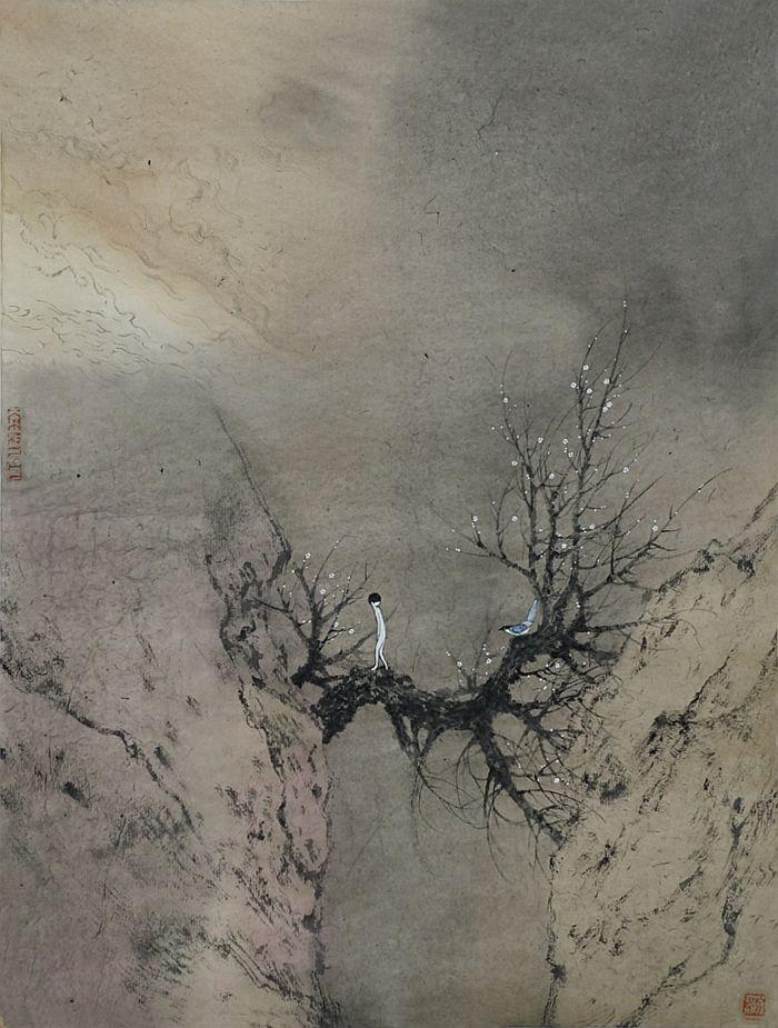 林于思LIN Yusi  《寒枝雀静》A Pigeon Sat on a Branch Reflecting on Existence  46×35cm  纸本设色Ink and Colour on Paper  2016