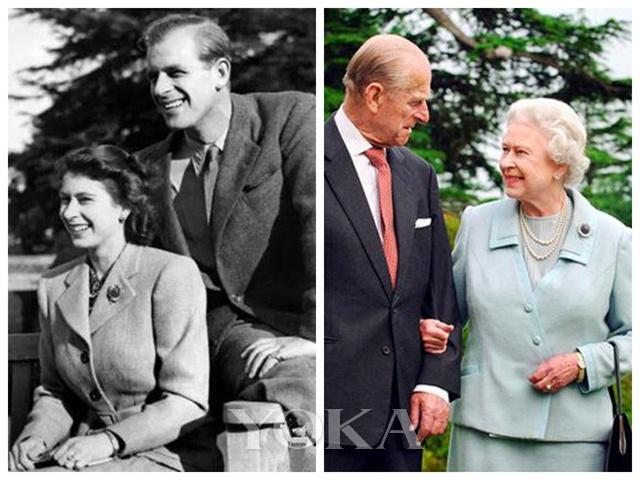 左图为伊丽莎白二世和菲利普亲王，1947年11月在汉普郡布罗德兰兹庄园度蜜月时携手散步，英女王手上佩戴的依然是皮带纤细女表，而右图是两人2007年旧地重游，伊丽莎白女王手上都佩戴了一款更为华丽的金质复古女表。