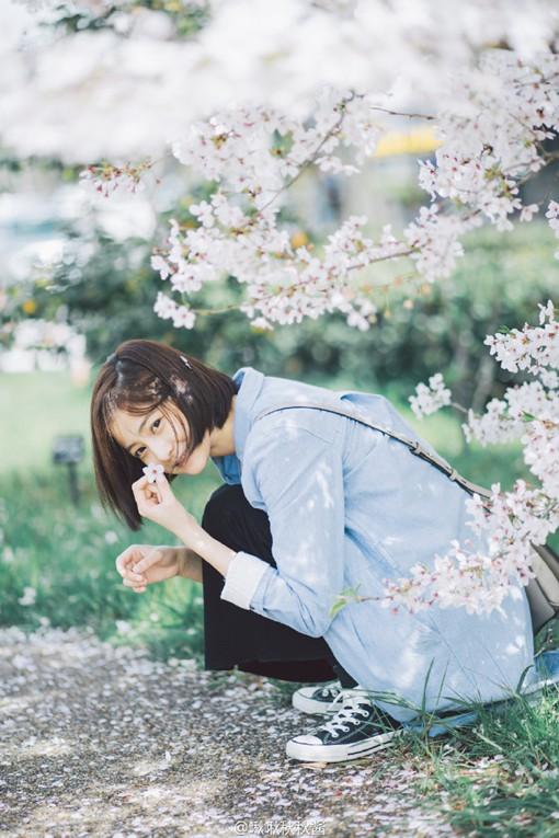 甜美日系美女与樱花树摄影