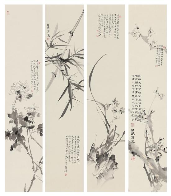 梅兰竹菊（4条屏）110x22cm x4