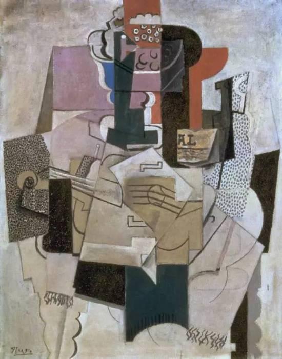 毕加索 Picasso - Fruit Dish, Bottle and Violin Picasso 1914　　展览信息：　　毕加索与他的缪斯　　温哥华美术馆　　2016年6月11日 - 10月2日