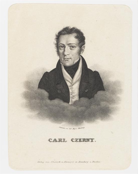 　　卡尔•车尔尼(Carl Czerny)肖像  卡尔•梅耶尔 (Carl Mayer )  石版画 17×27.2cm  匈牙利李斯特故居博物馆收藏