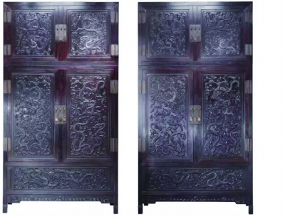 清乾隆 紫檀高浮雕九龙西番莲纹顶箱式大四件柜