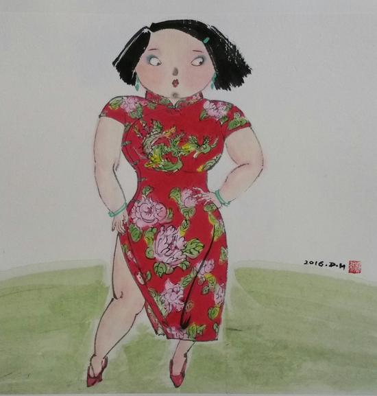 《小胖妞》窦红  国画作品 34x34cm