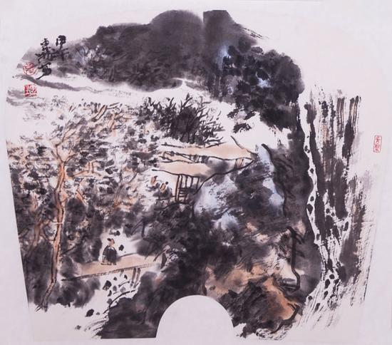 《溪山问道》扇面 尺寸：30×30cm，2014作