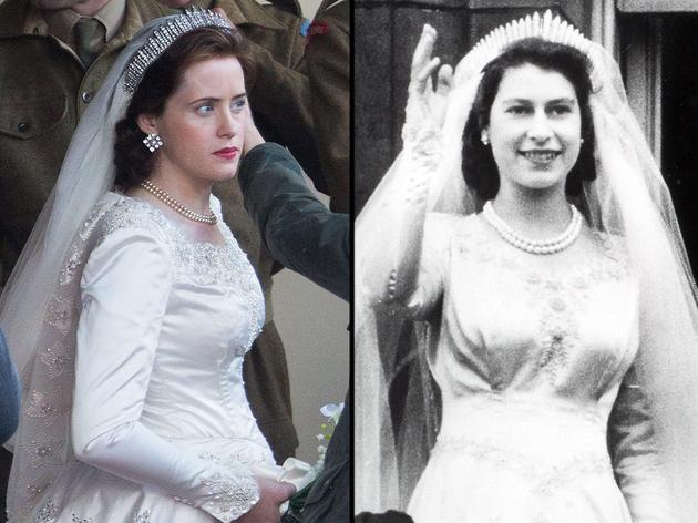 左为剧中克莱尔·芙伊，右为伊丽莎白二世大婚时照片