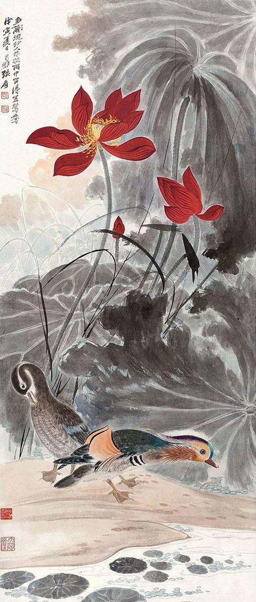 8016 张大千 荷花鸳鸯  戊寅(1938)年作 立轴 设色纸本  成交价：1380万元