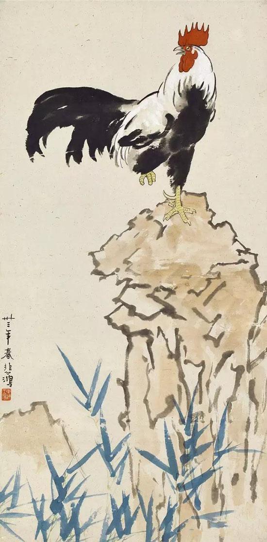 徐悲鸿（1895-1953） 大吉图 1944年作 设色纸本 镜框 96×48cm估价：RMB 600，000-900，000 来源：台湾重要美术馆旧藏 