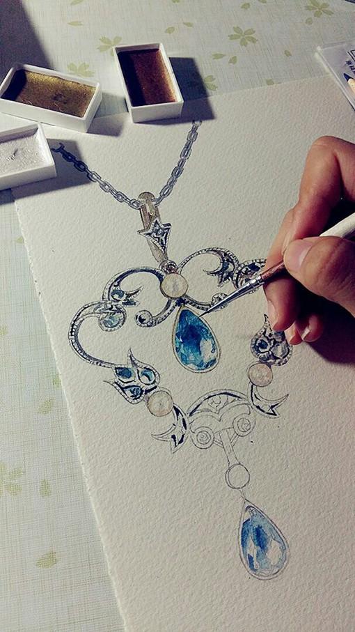 插画师林淑莹echo用水彩手绘精美的蓝宝石项链(组图)