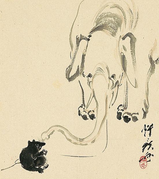 河锅晓斋『象とたぬき』明治3（1870）年以前 纸本