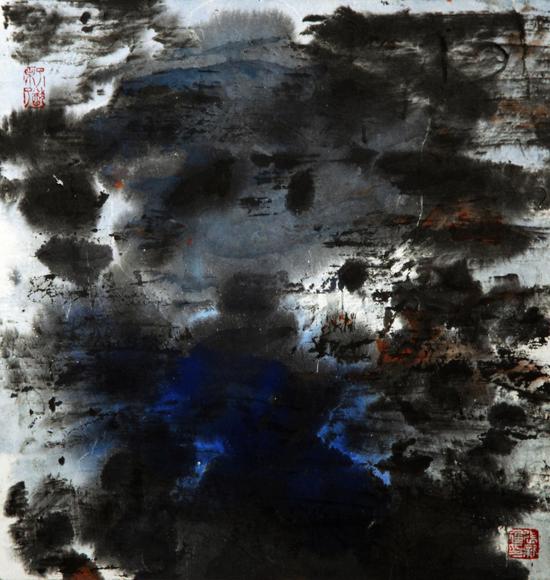  张新建，长湖魅影,2001，纸本彩墨，35x35，黑框79x79