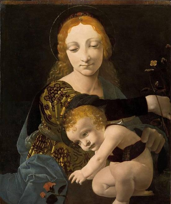 图8、鲍特拉菲奥（Giovanni Antonio Boltraffio），《玫瑰圣母》，木板油画，作于1490年前后，高45.5厘米，宽35.6厘米，现陈列于米兰保尔蒂·拍佐理博物馆（Museo Poldi Pezzoli）。