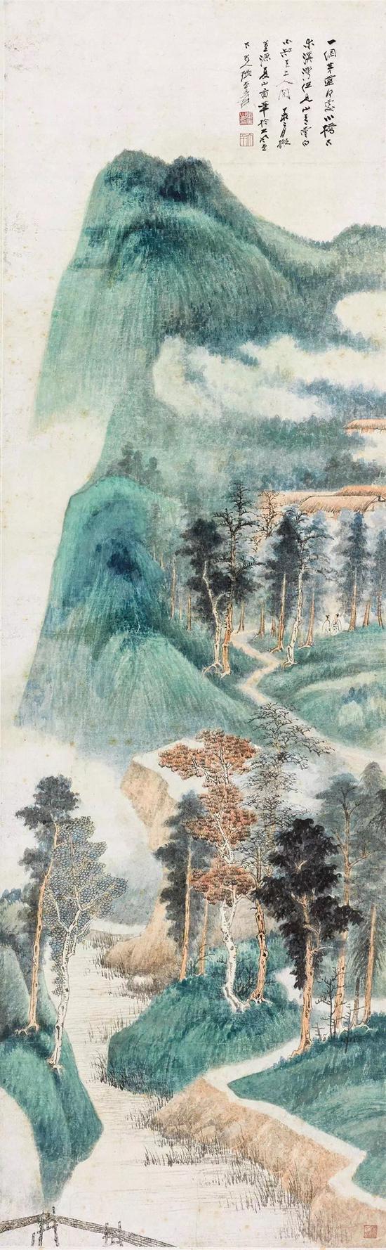 　　张大千(1899-1983) 拟董源夏山图设色纸本镜心1947年作展览：“张大千近作展”，上海中国画苑，1947年5月9日-13日。132×40.5 cm. 约4.8平尺