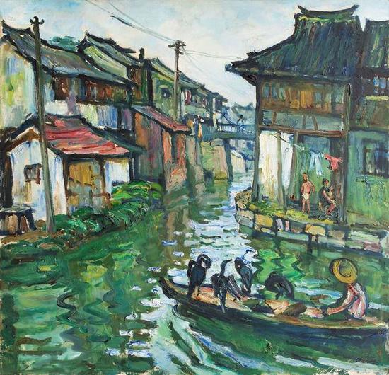 《水镇渔歌》，1982年， 84×87cm，中国美术馆馆藏