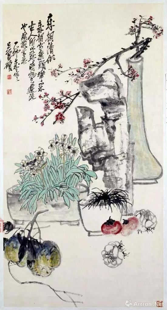 岁朝清供图轴 纸本，设色，纵151.6cm，横80.7cm 故宫博物院藏