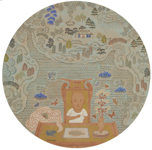 潘信华，《隔江山色》，纸本水墨设色，直径76.5cm，2016。图片：致谢亚洲艺术中心