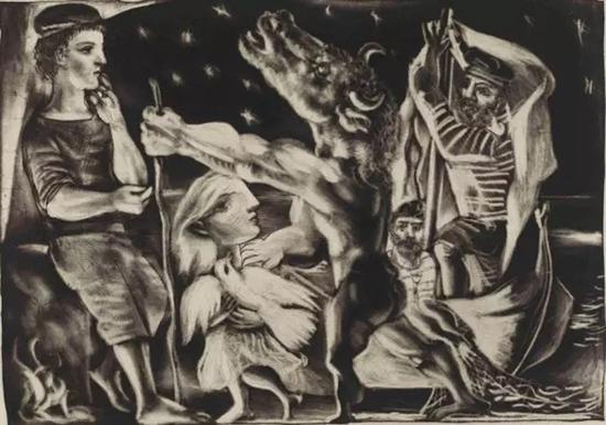 毕加索，《暗夜里被小女孩引领的失明牛头怪》，1937年