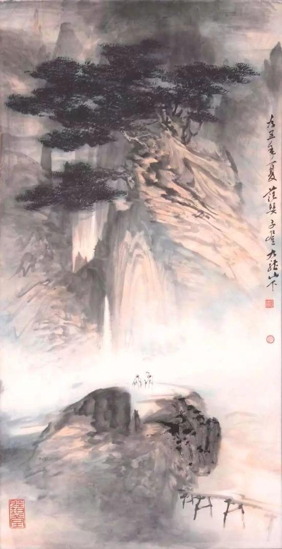 自创"错笔"而成的写意山水《高山流水》(1995)