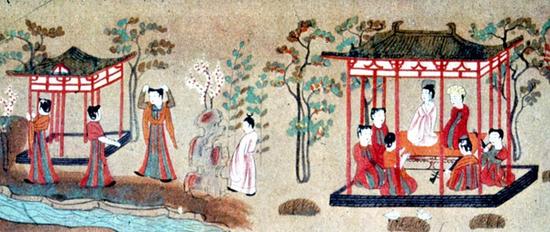 奈良天平时代因果经画卷，创作时间相当于初唐，建筑人物反映相当于贞观时期的状态
