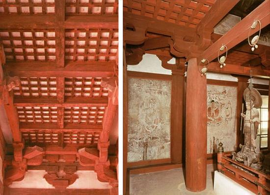 左：奈良法隆寺东大门天井（天花）；右：法隆寺金堂内