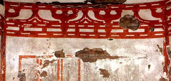 开元武惠妃敬陵墓室壁画，双层阑额之上再绘朱白彩画