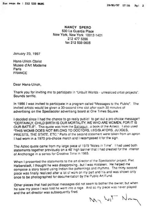 南希-斯佩罗写给小汉斯的一封信，关于她被取消的公共艺术基金的作品《给公众的信息》。图片：致谢艺术家