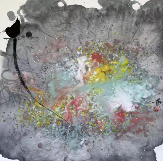 《憩坐花香至》，纸本水墨，68×68cm，2011 年作
