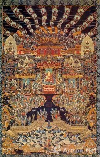 清代彩织极乐世界图轴，亦称石青地极乐世界织成锦图轴 ，长448厘米，宽196.3厘米，故宫博物院藏