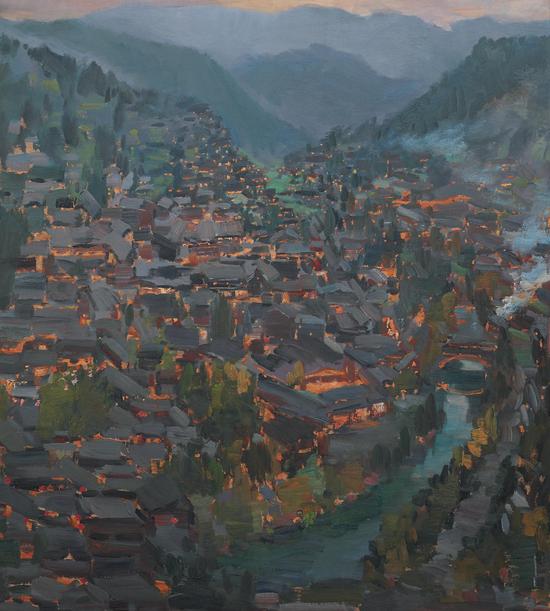 杨勇 万家灯火 板面油画-110X120cm