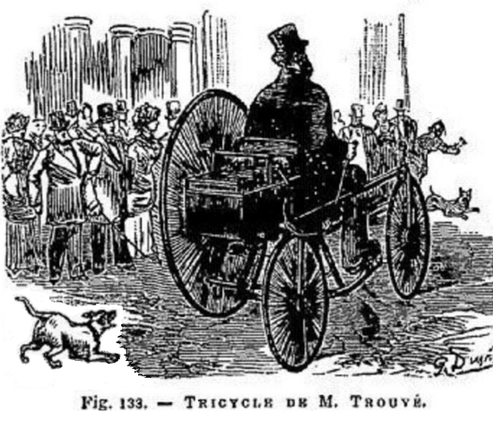 ▲1881年，古斯塔夫·特鲁夫（Gustave Trouvé）和他的电动三轮车