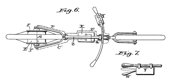 ▲1895年，奥格登·博尔顿（Ogden Bolton）发明的直驱式后轮毂电动车